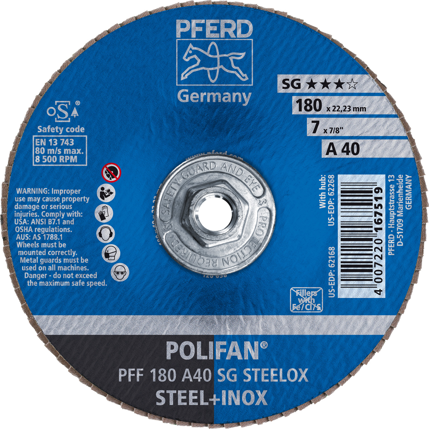 7" x 5/8-11 Thd. POLIFAN® Flap Disc, A SG STEELOX, Aluminum Oxide, 40 Grit, Conical